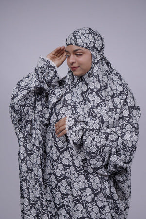 Ainaura | Premium Crepe White with Black Floral Prayer Dress - AinAura