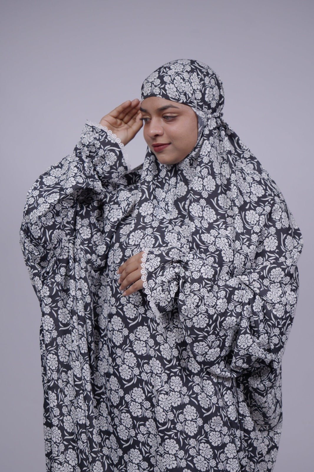 Ainaura | Premium Crepe White with Black Floral Prayer Dress - AinAura