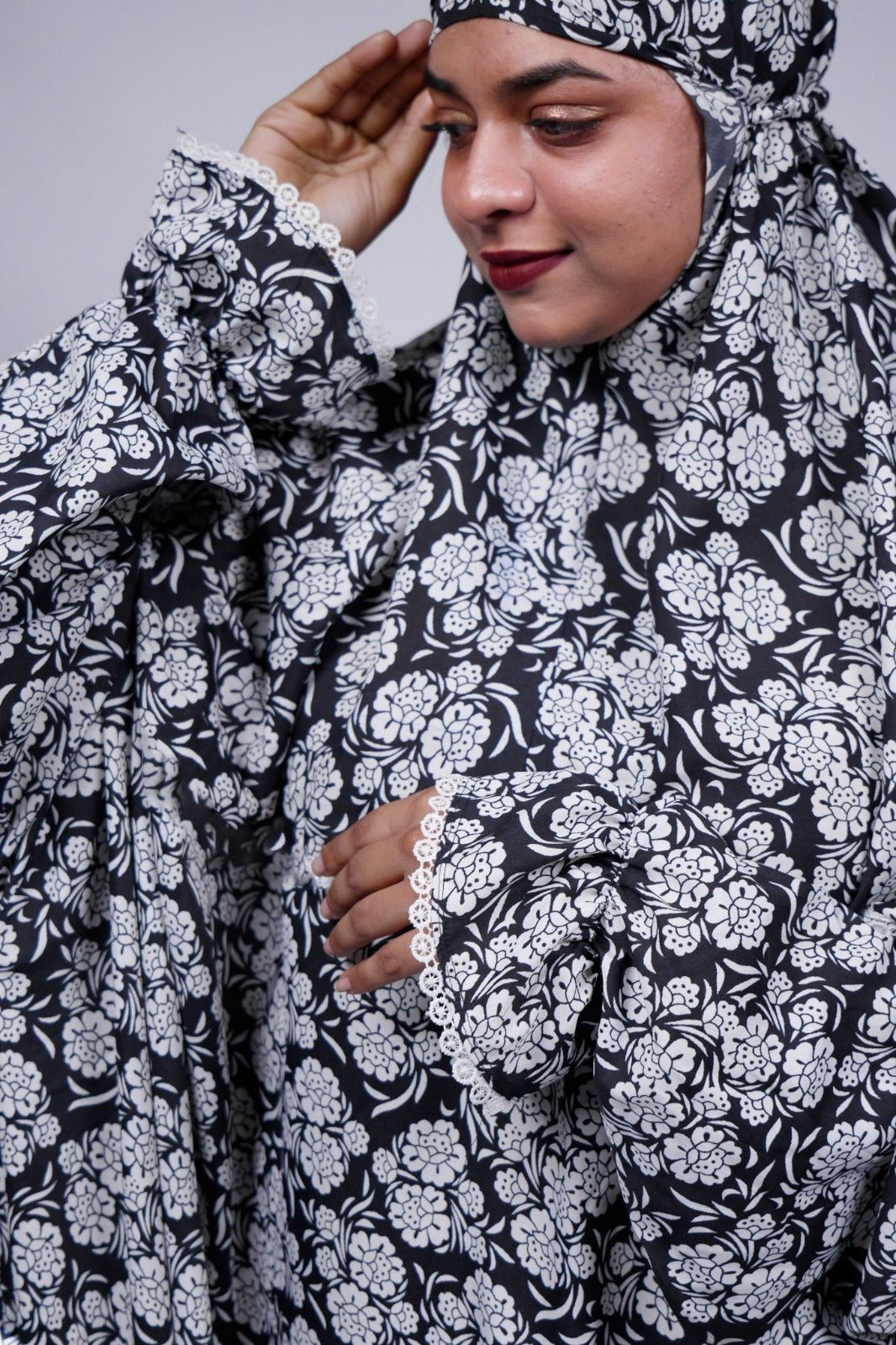 Ainaura | Premium Crepe White with Black Floral Prayer Dress - AinAura