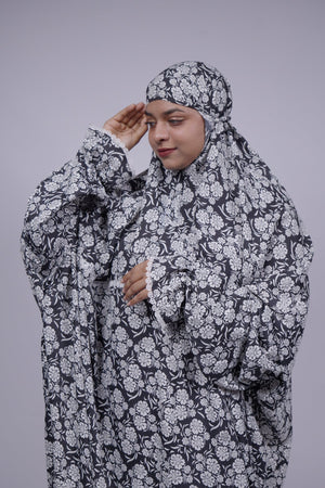 Ainaura | Premium Crepe White with Black Floral Prayer Dress - AinAura