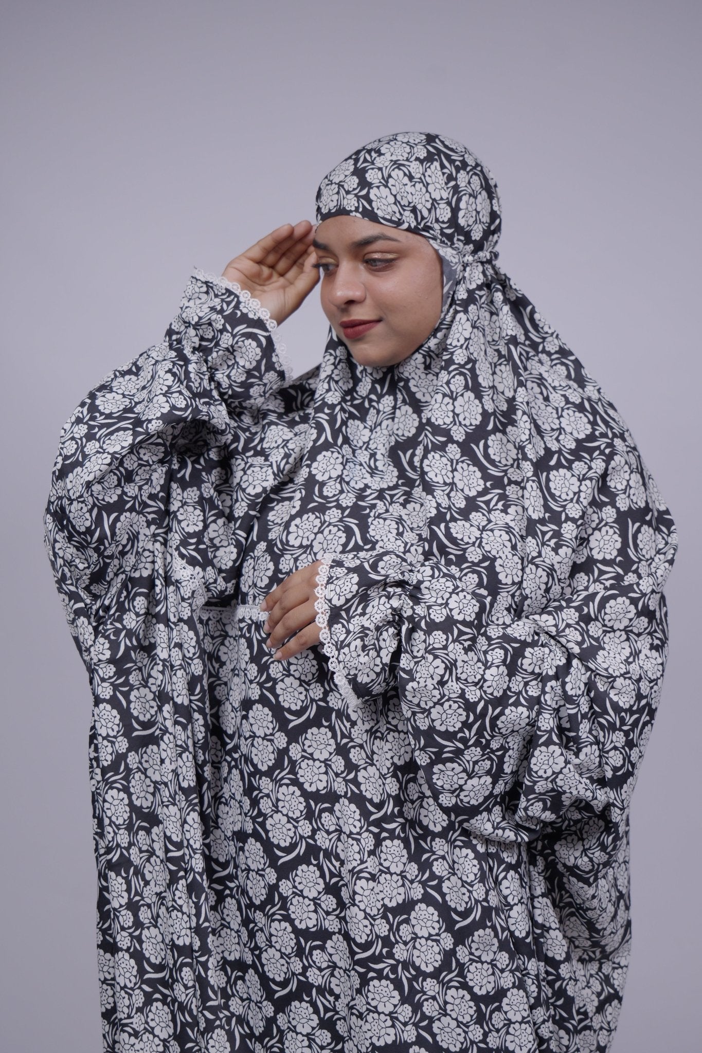 Ainaura | Premium Crepe White with Black Floral Prayer Dress - AinAura