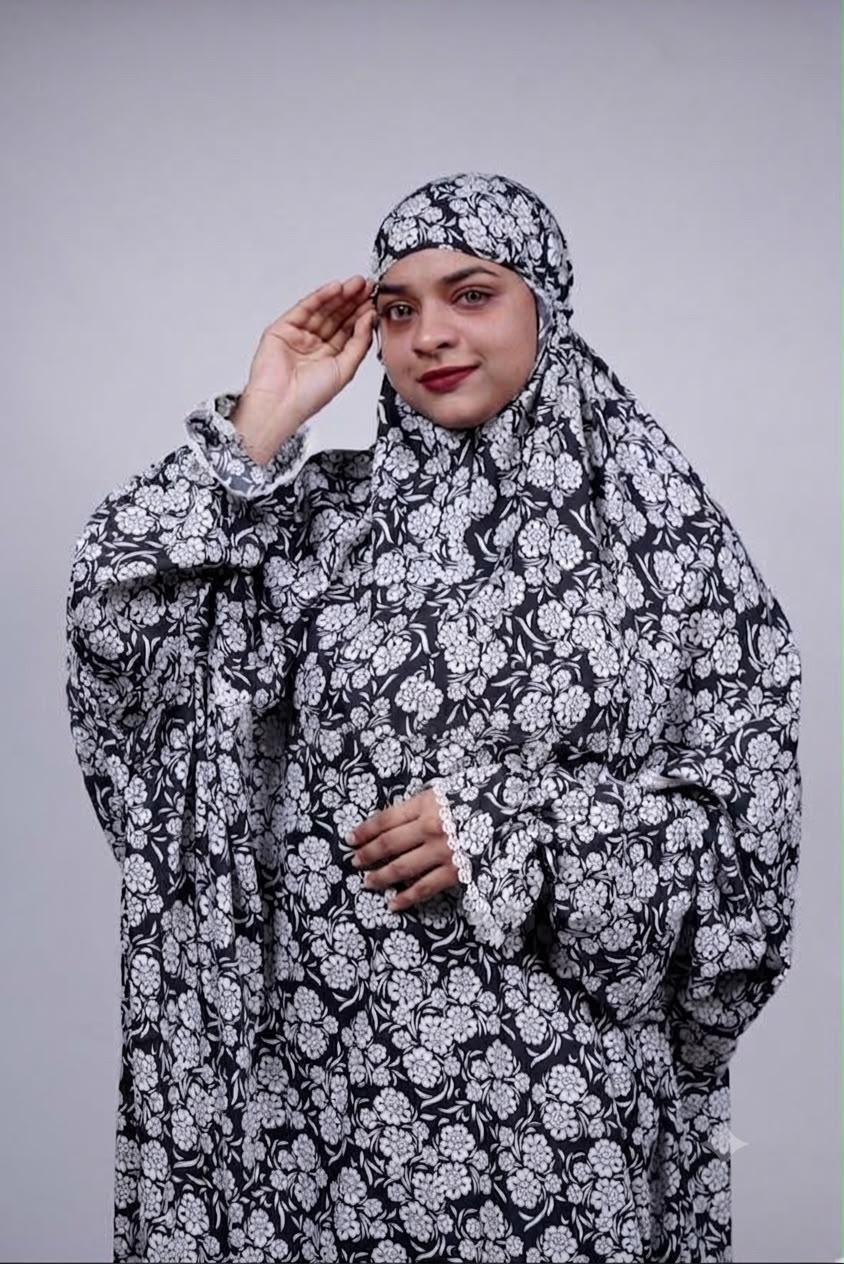 Ainaura | Premium Crepe White with Black Floral Prayer Dress - AinAura