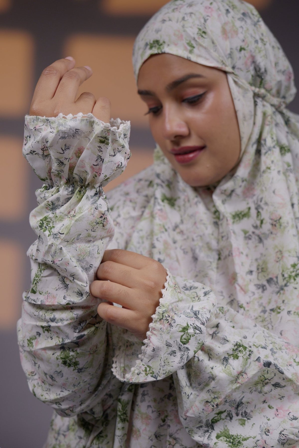 Ainaura | Premium Crepe White with Green Floral Prayer Dress - AinAura