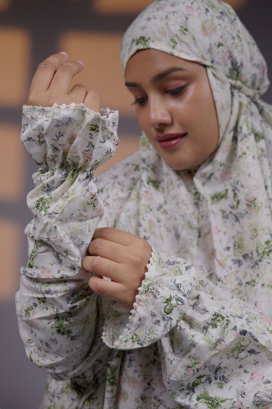 Ainaura | Premium  Crepe  White with Green Floral  Prayer Dress