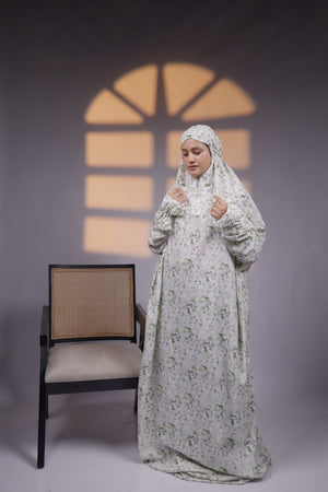 Ainaura | Premium Crepe White with Green Floral Prayer Dress - AinAura