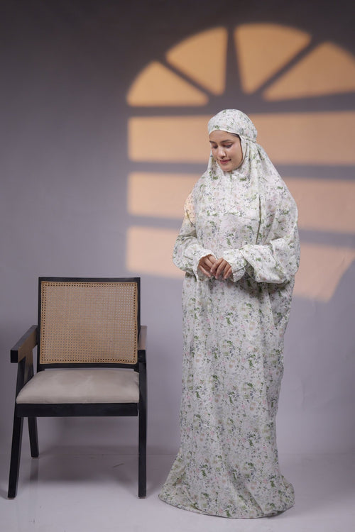 Ainaura | Premium Crepe White with Green Floral Prayer Dress - AinAura