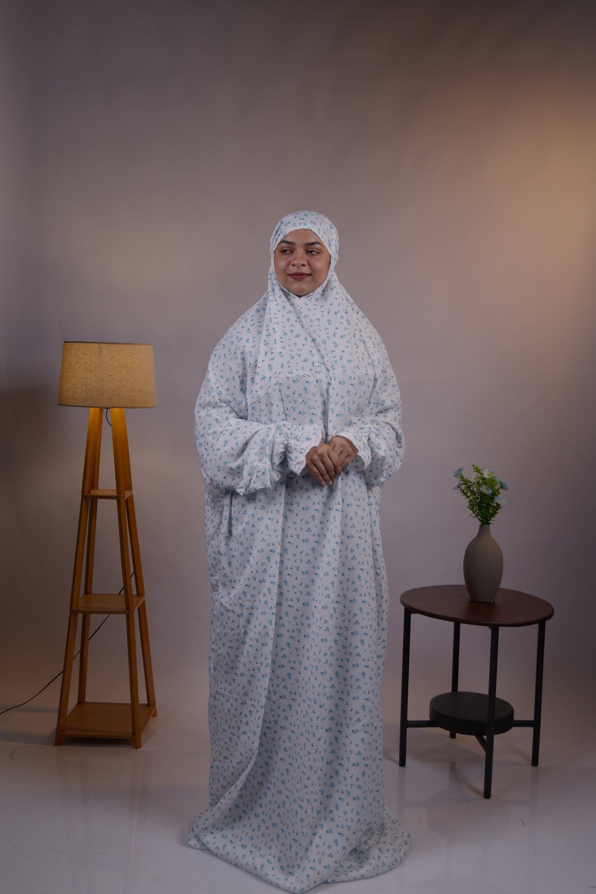 Ainaura | Premium Crepe White with Greenish Floral Prayer Dress - AinAura