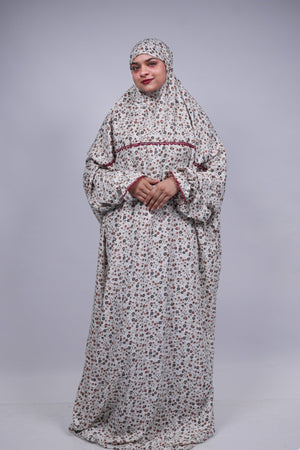 Ainaura | Premium Crepe White with Grey & Brown Floral Prayer Dress - AinAura