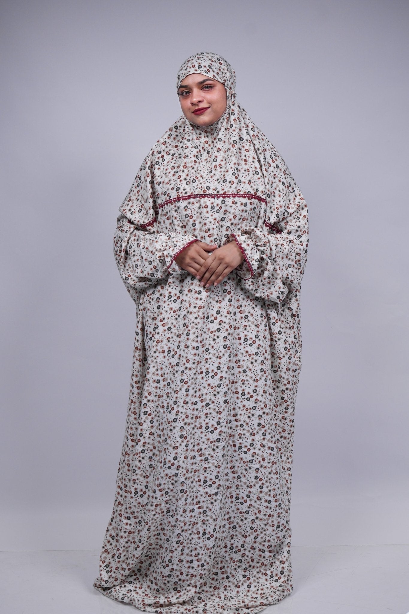 Ainaura | Premium Crepe White with Grey & Brown Floral Prayer Dress - AinAura
