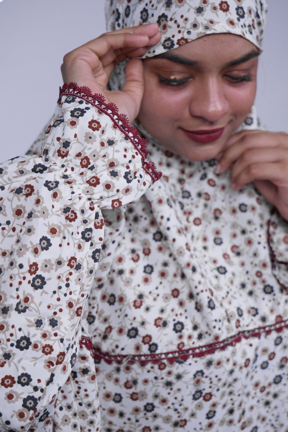 Ainaura | Premium Crepe White with Grey & Brown Floral Prayer Dress - AinAura