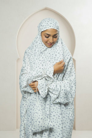 Ainaura Premium Crepe White with Grey Floral Prayer Dress - AinAura