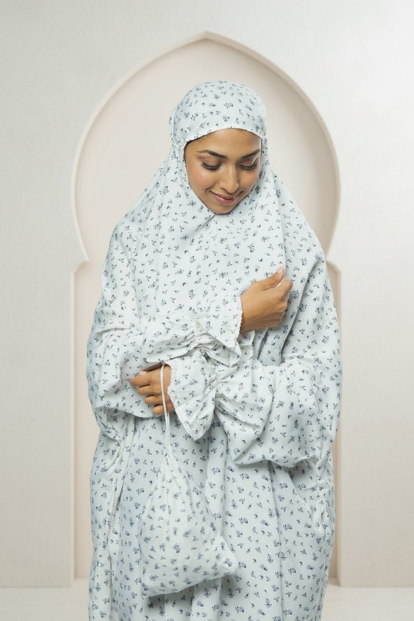Ainaura Premium Crepe White with Grey Floral Prayer Dress - AinAura