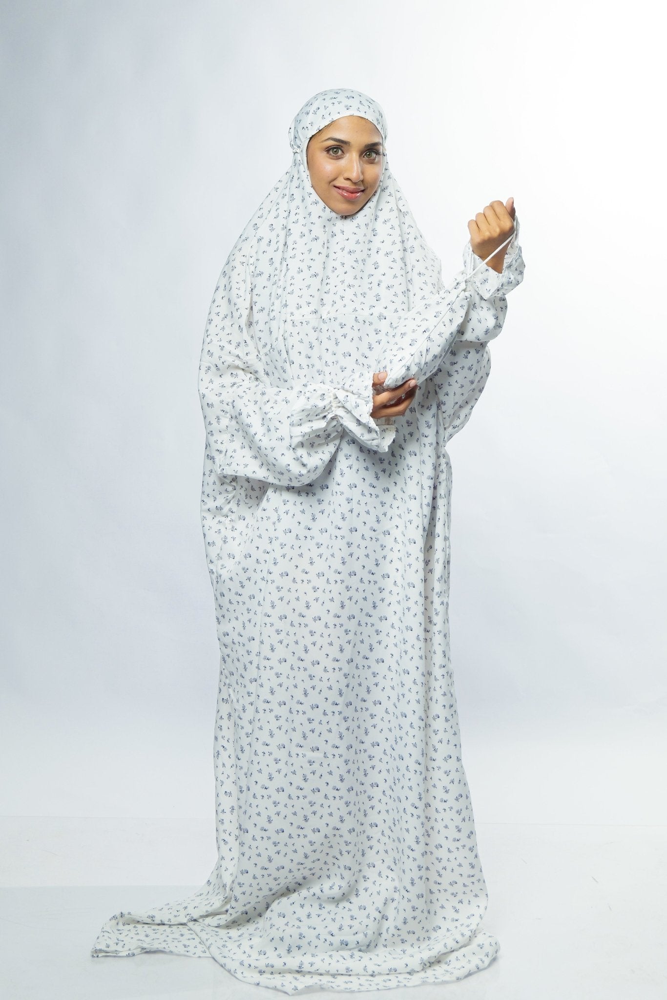 Ainaura Premium Crepe White with Grey Floral Prayer Dress - AinAura