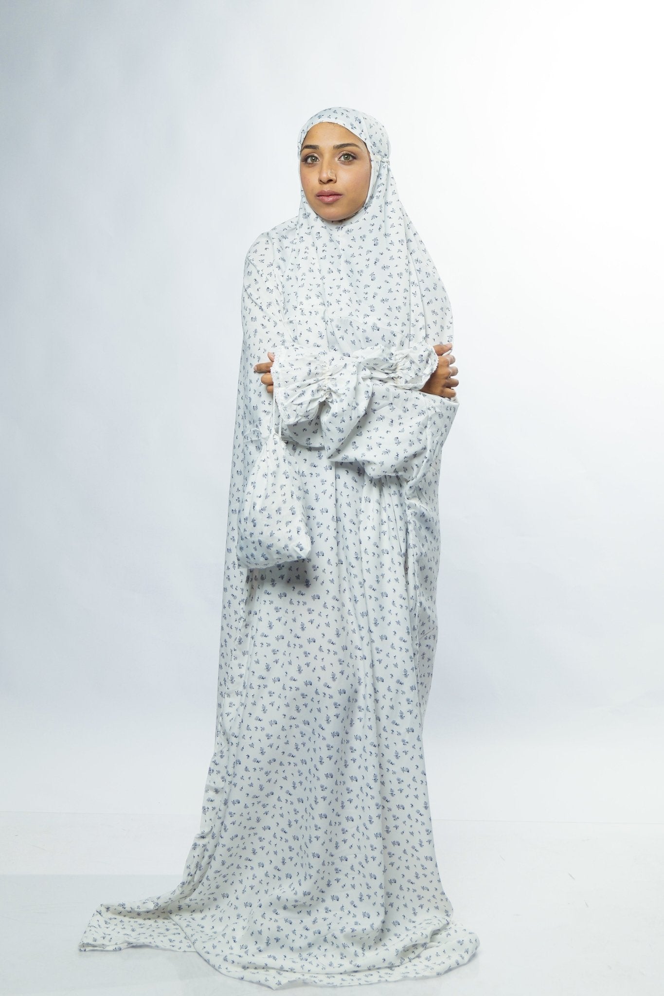 Ainaura Premium Crepe White with Grey Floral Prayer Dress - AinAura
