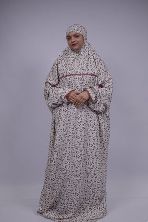 Ainaura | Premium Ladies & Kids Crepe White with Grey & Maroon Floral Prayer Dress - AinAura