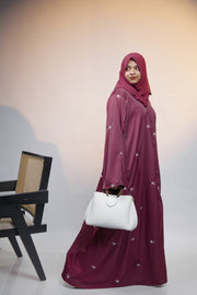 Ainaura | Premium Maroon Petal Embroidered Abaya - AinAura