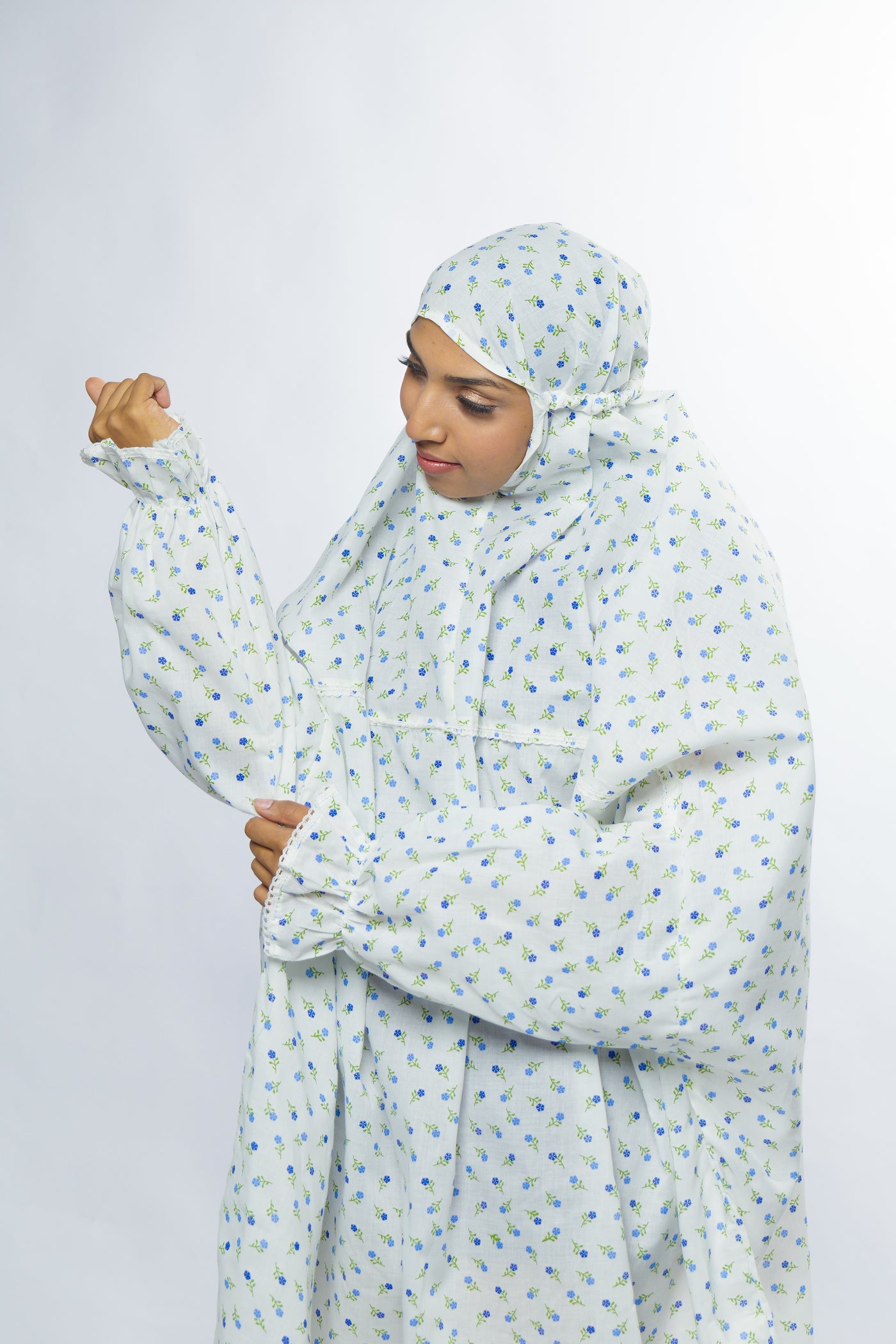 Ainaura |  Premium  Cotton White with Blue White Floral Prayer Dress.