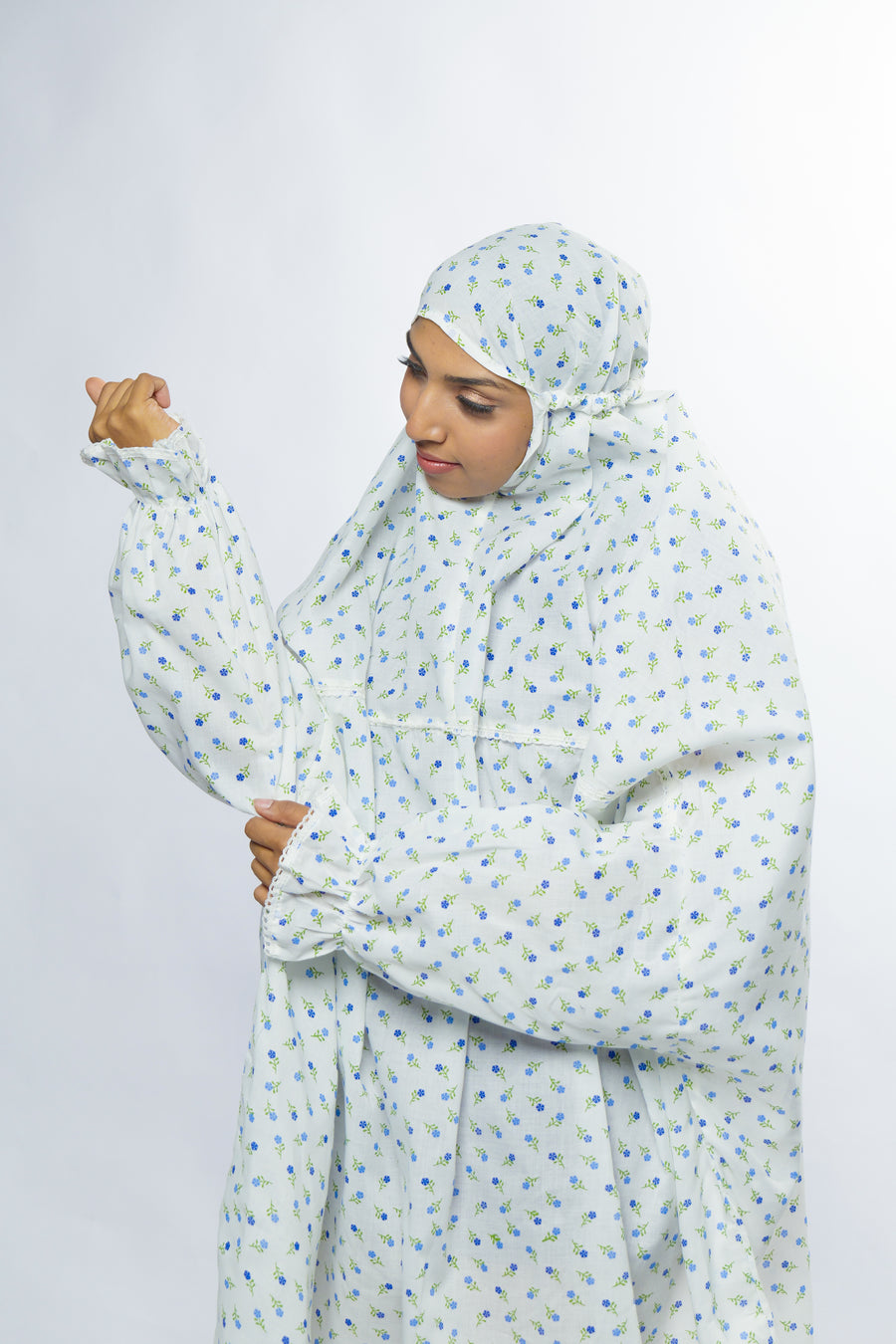 Ainaura |  Premium  Cotton White with Blue White Floral Prayer Dress.