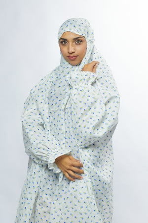 Ainaura |  Premium  Cotton White with Blue White Floral Prayer Dress.