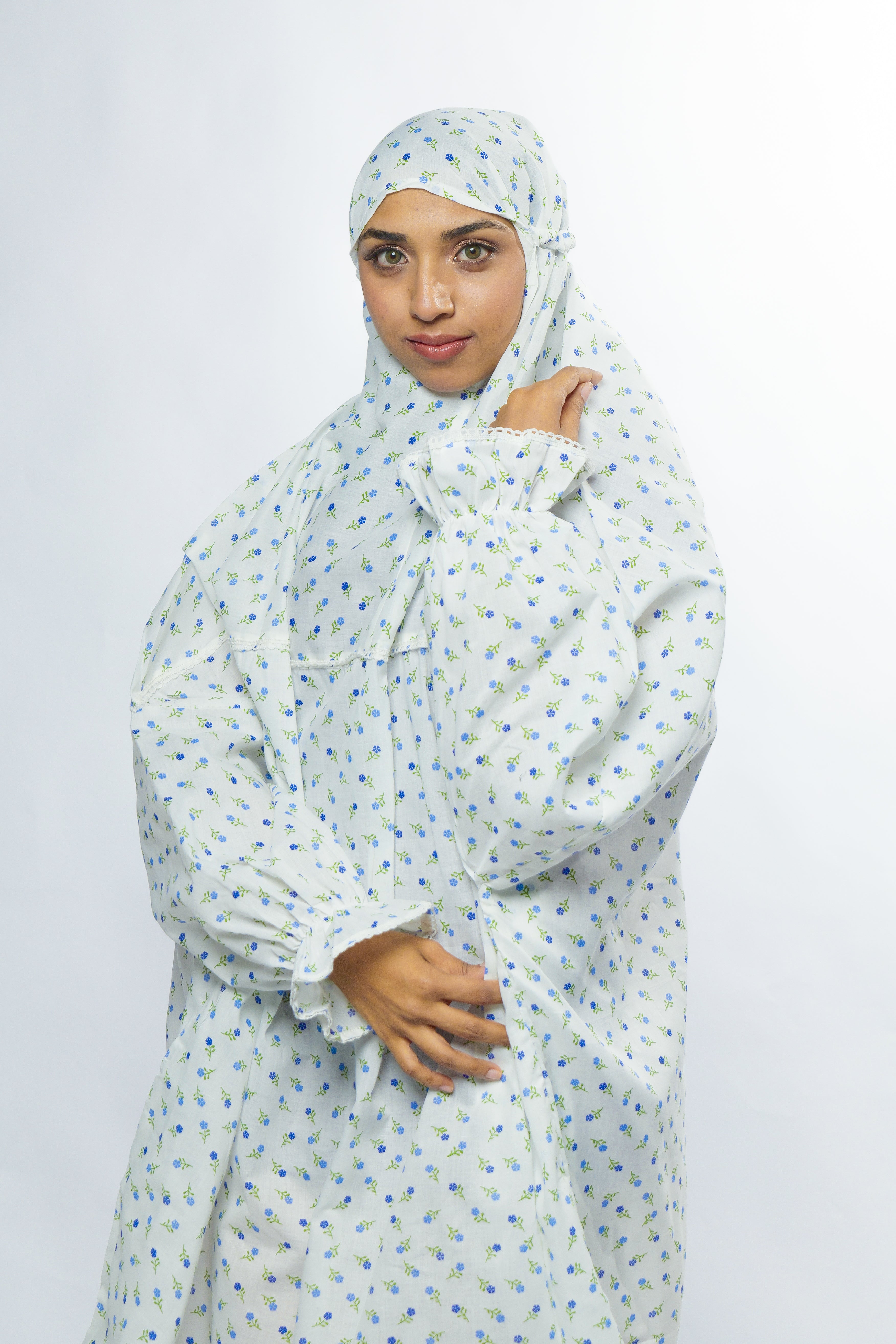 Ainaura |  Premium  Cotton White with Blue White Floral Prayer Dress.