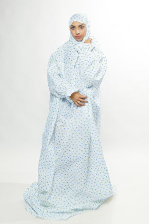 Ainaura |  Premium  Cotton White with Blue White Floral Prayer Dress.