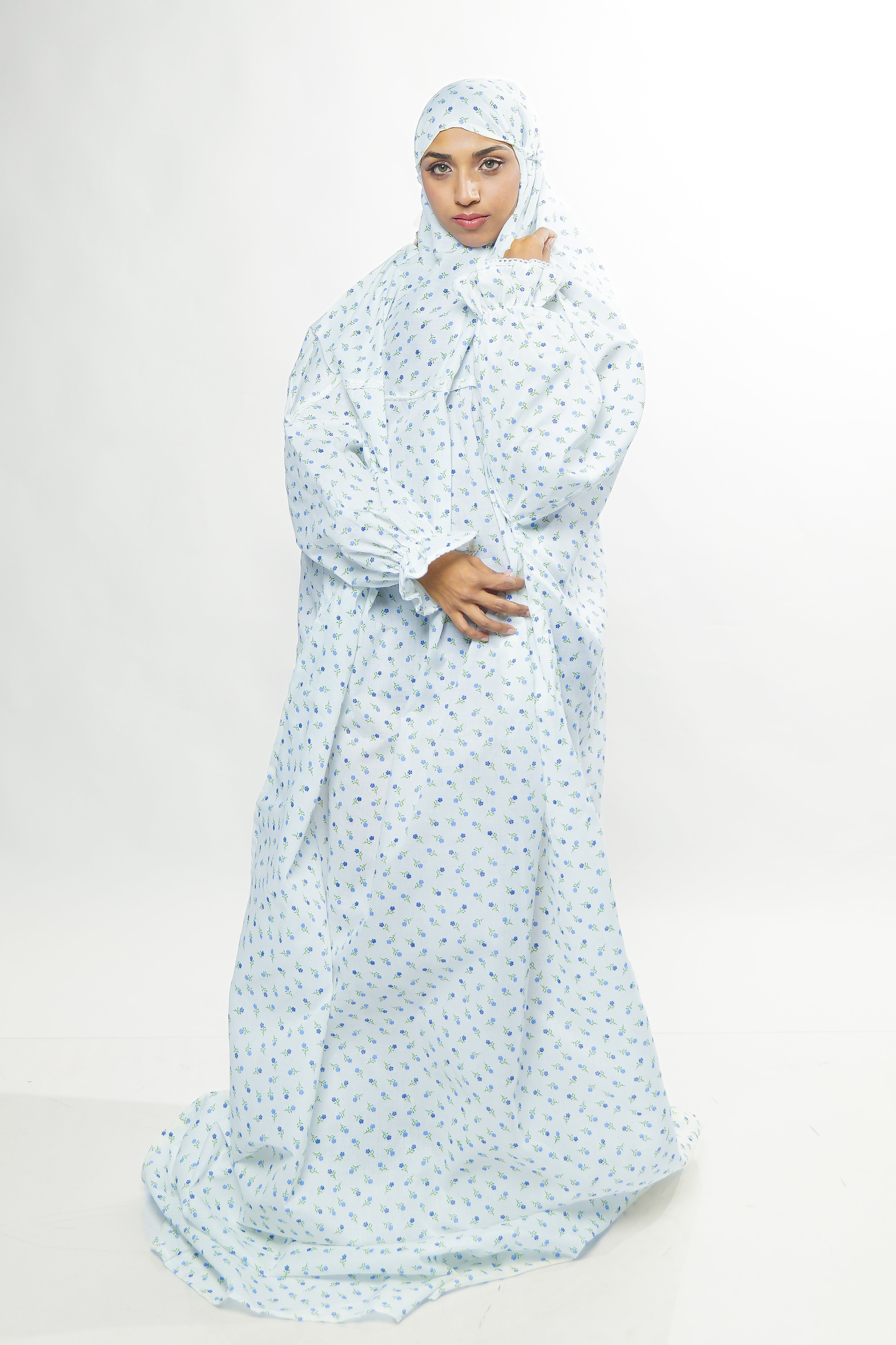 Ainaura |  Premium  Cotton White with Blue White Floral Prayer Dress.