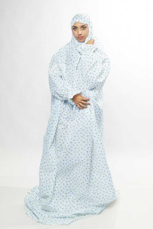 Ainaura |  Premium  Cotton White with Blue White Floral Prayer Dress.
