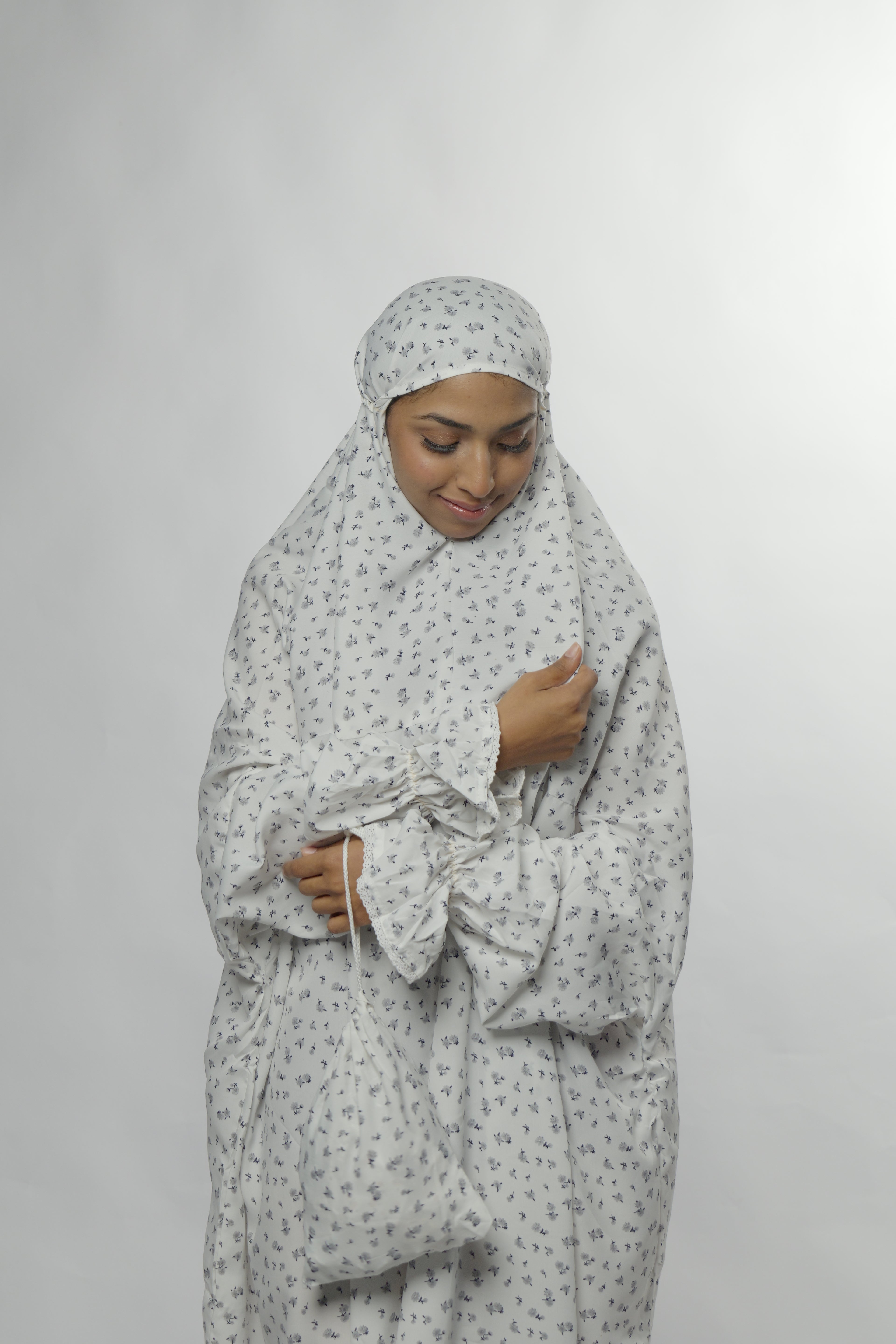 Ainaura |  Premium  Cotton White with Blue White Floral Prayer Dress.