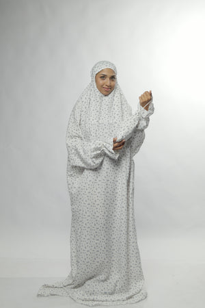 Ainaura |  Premium  Cotton White with Blue White Floral Prayer Dress.