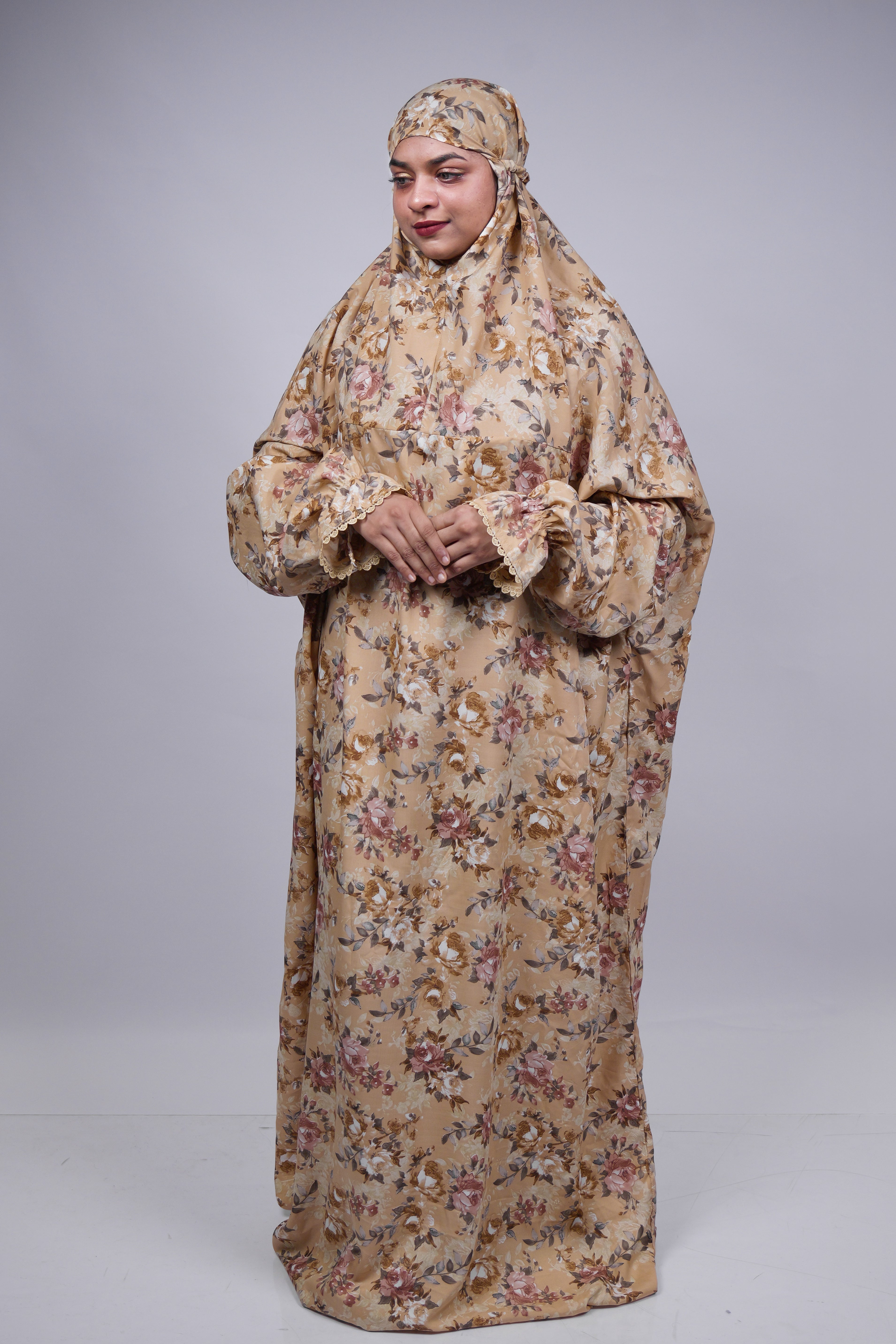 Ainaura | Premium Crepe Beige Floral  Prayer Dress