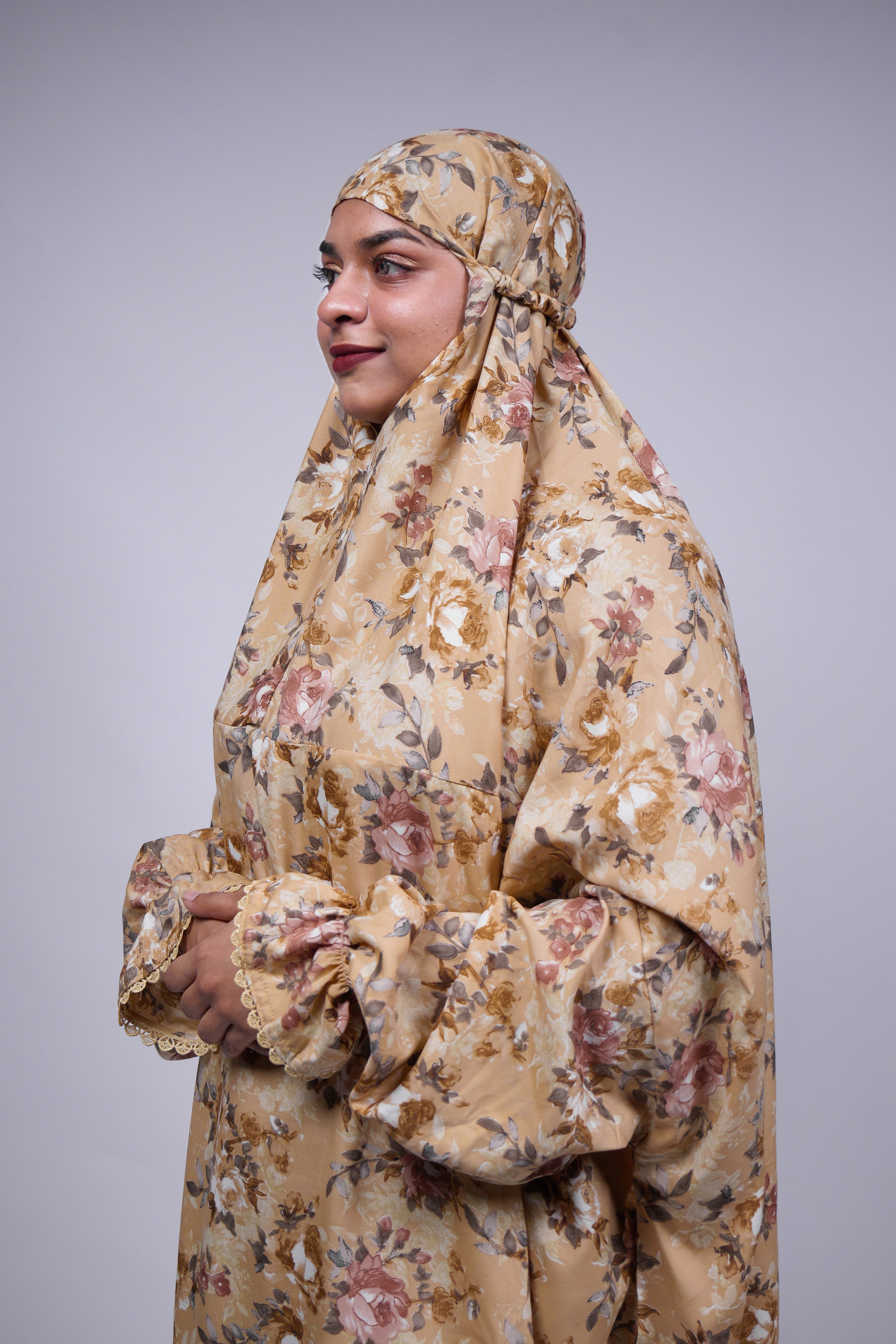 Ainaura | Premium Crepe Beige Floral  Prayer Dress