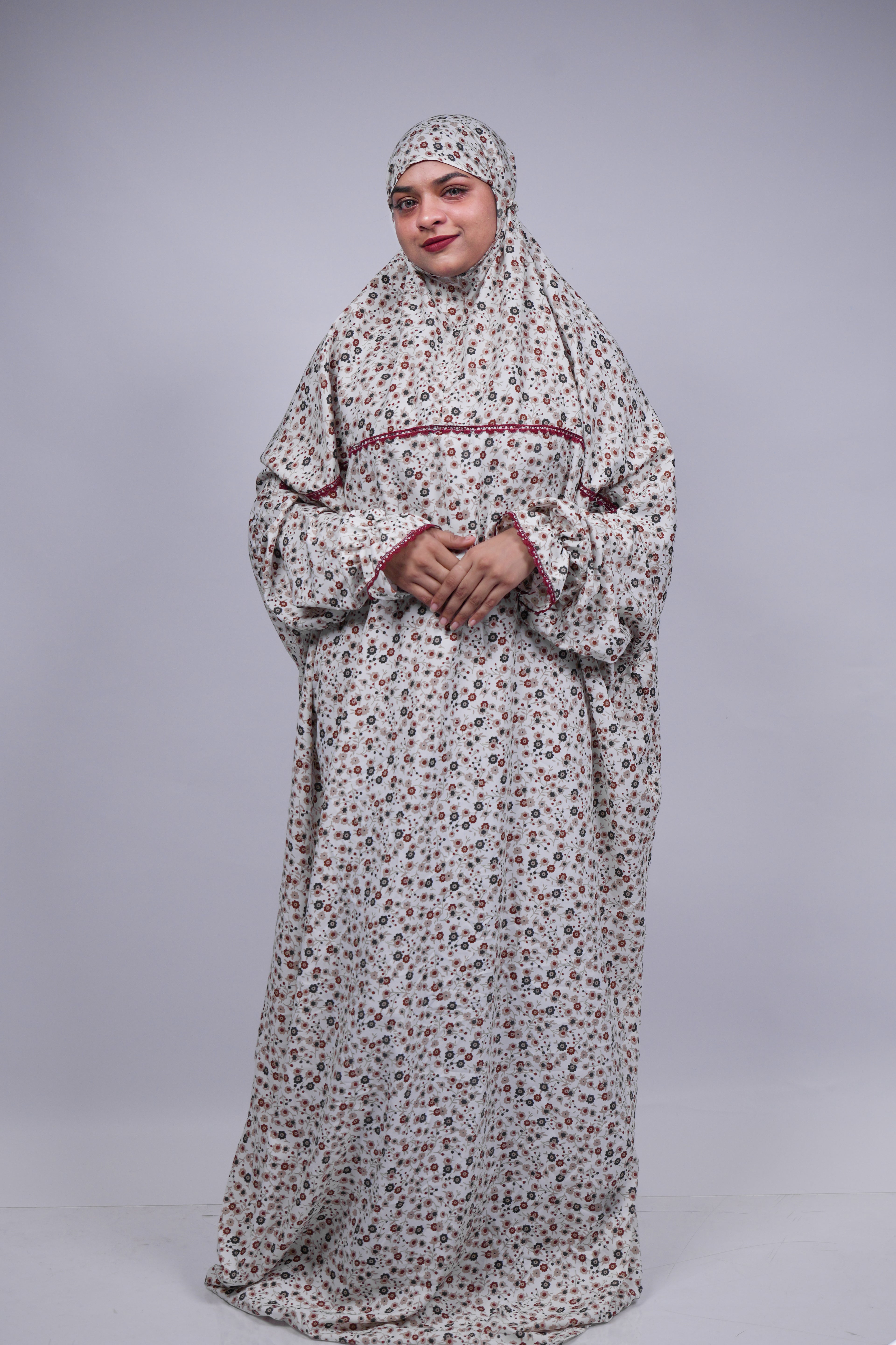Ainaura | Premium Crepe White with  Grey & Brown Floral Prayer Dress
