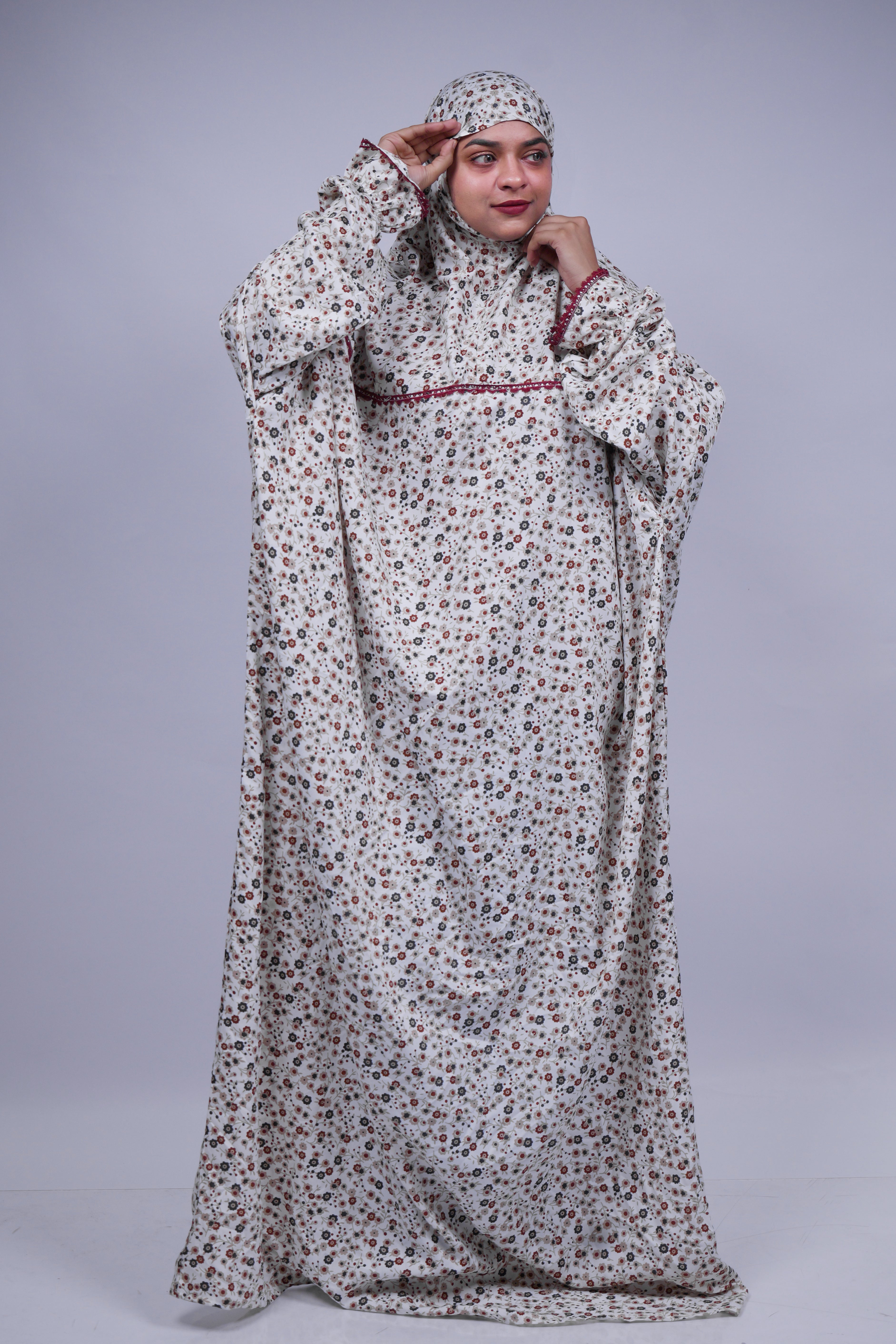 Ainaura | Premium Crepe White with  Grey & Brown Floral Prayer Dress