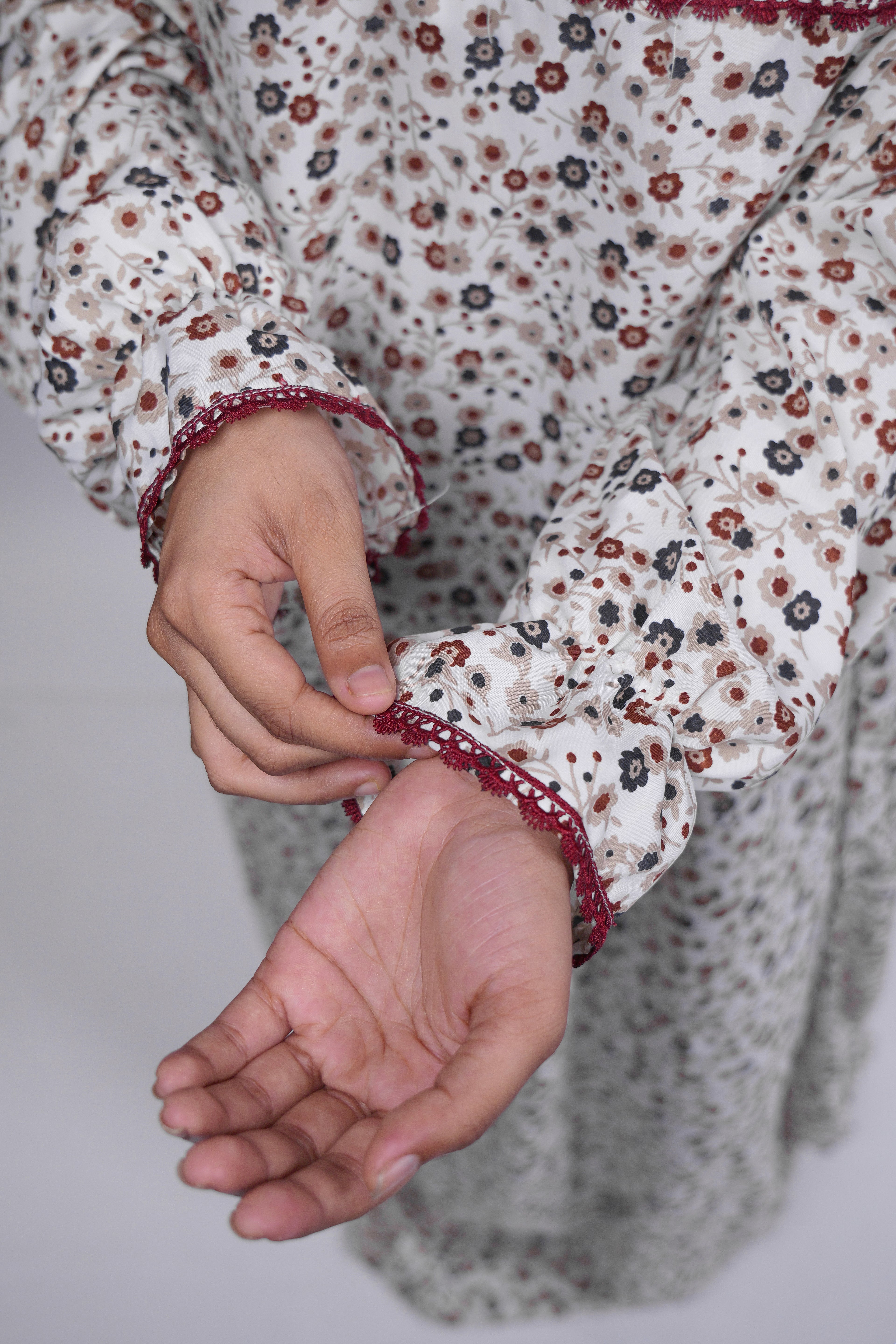 Ainaura | Premium Crepe White with  Grey & Brown Floral Prayer Dress