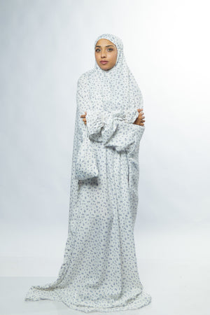 Ainaura Premium Cotton White with Grey Floral Prayer Dress