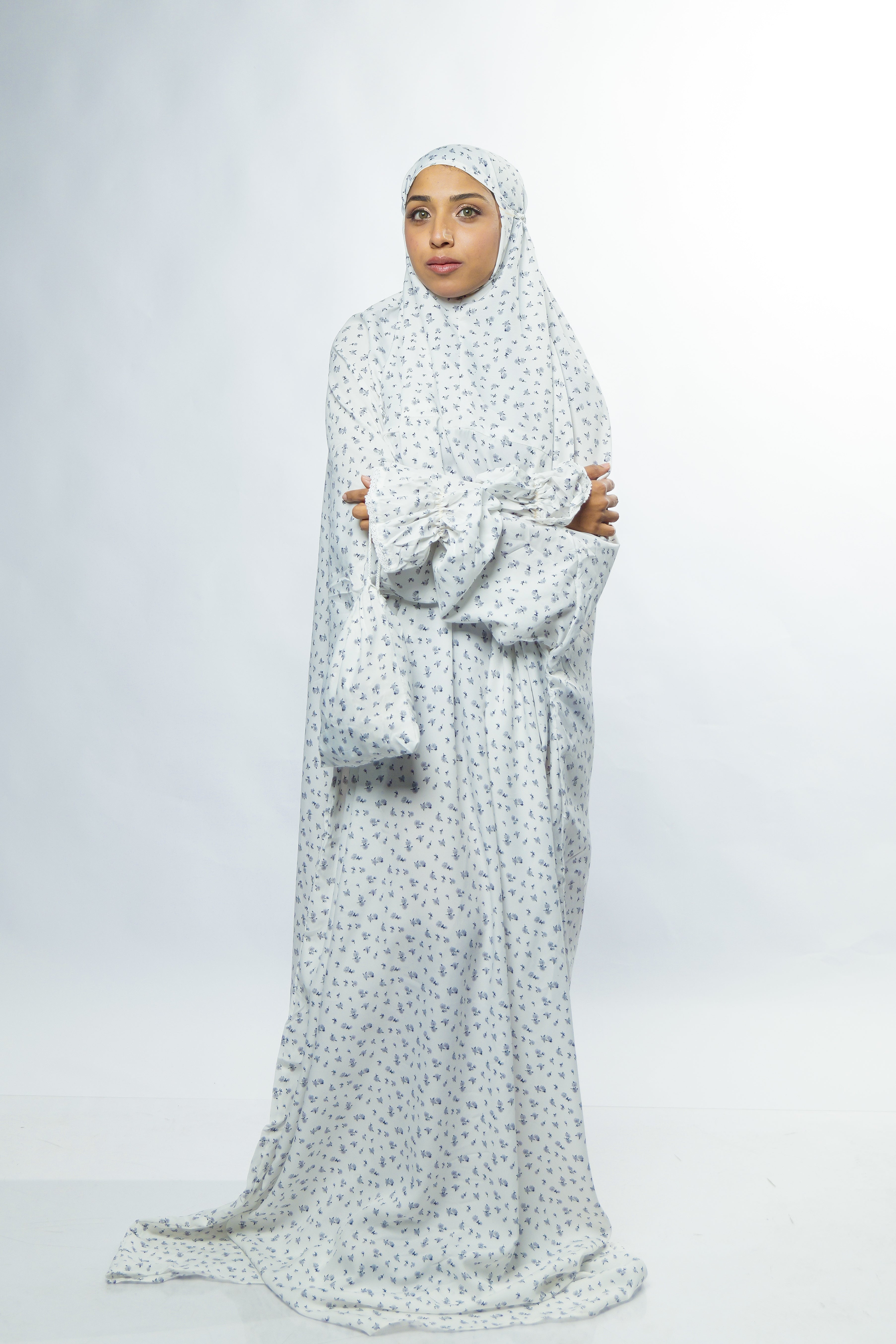 Ainaura Premium Cotton White with Grey Floral Prayer Dress