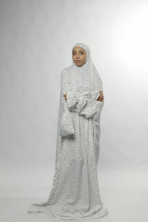 Ainaura Premium Cotton White with Grey Floral Prayer Dress