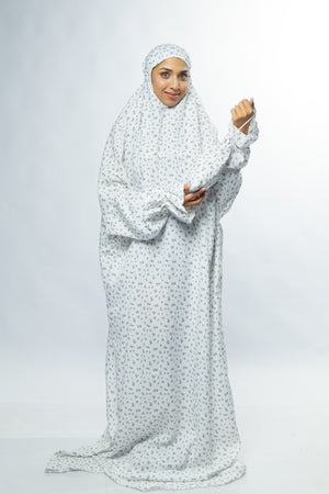 Ainaura Premium Cotton White with Grey Floral Prayer Dress