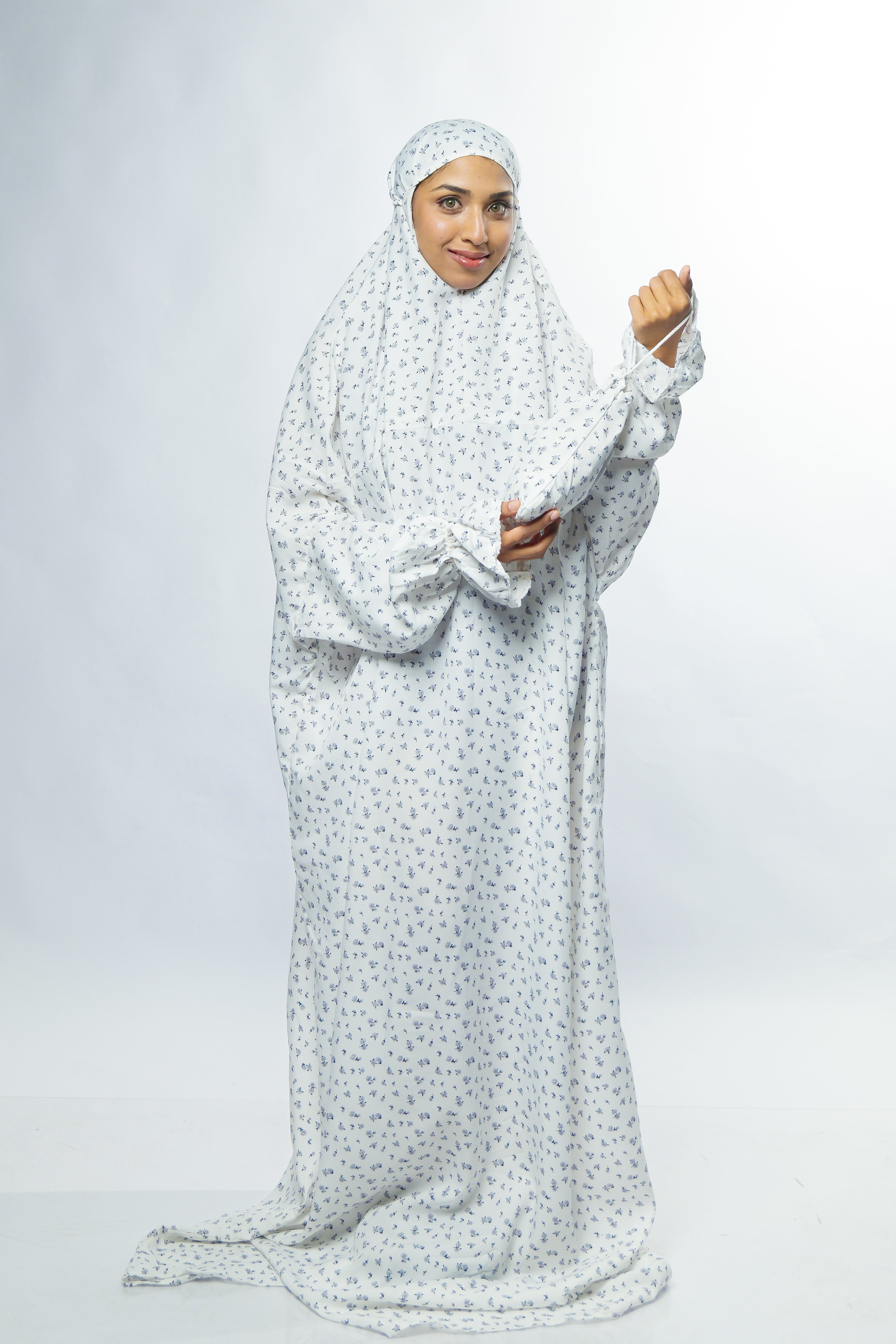 Ainaura Premium Cotton White with Grey Floral Prayer Dress