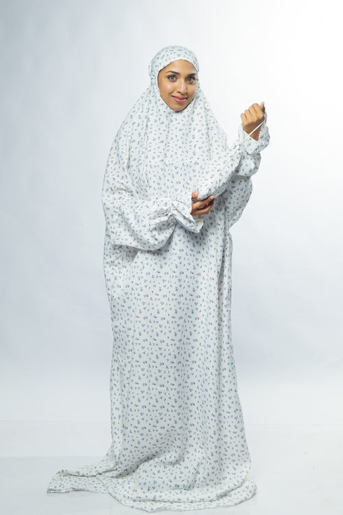 Ainaura Premium Cotton White with Grey Floral Prayer Dress