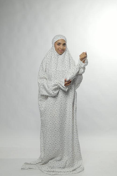 Ainaura Premium Cotton White with Grey Floral Prayer Dress