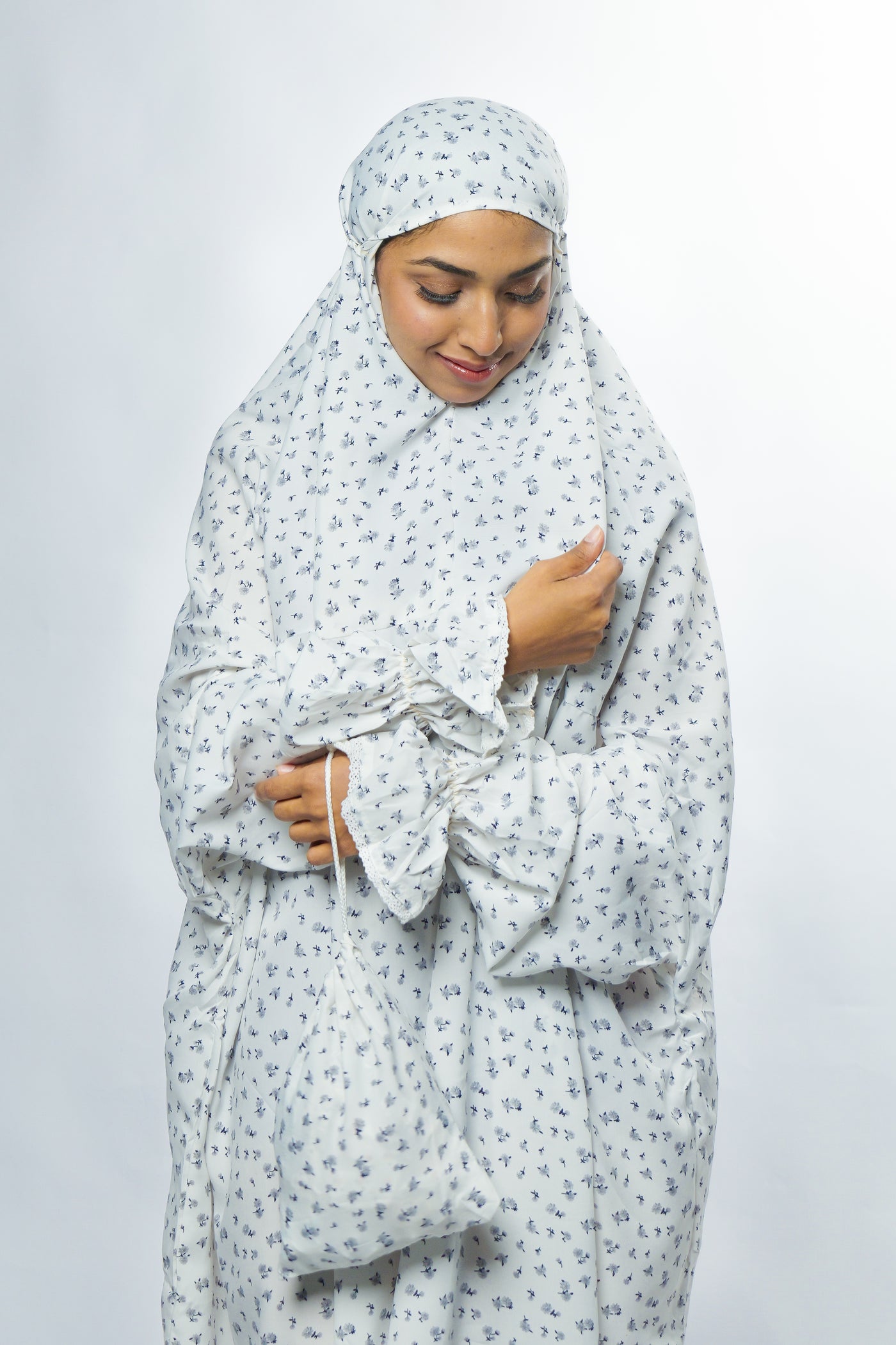 Ainaura Premium Cotton White with Grey Floral Prayer Dress