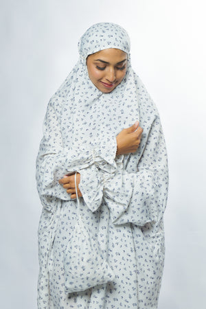 Ainaura Premium Cotton White with Grey Floral Prayer Dress