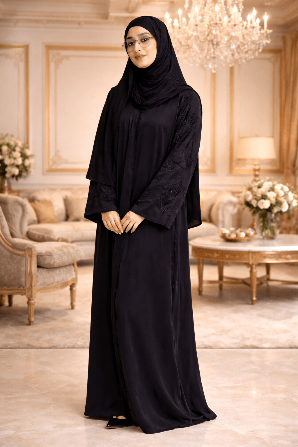 Elegant Floral Sleeve Black Abaya-Premium Imported Tiktok Fabric - AinAura