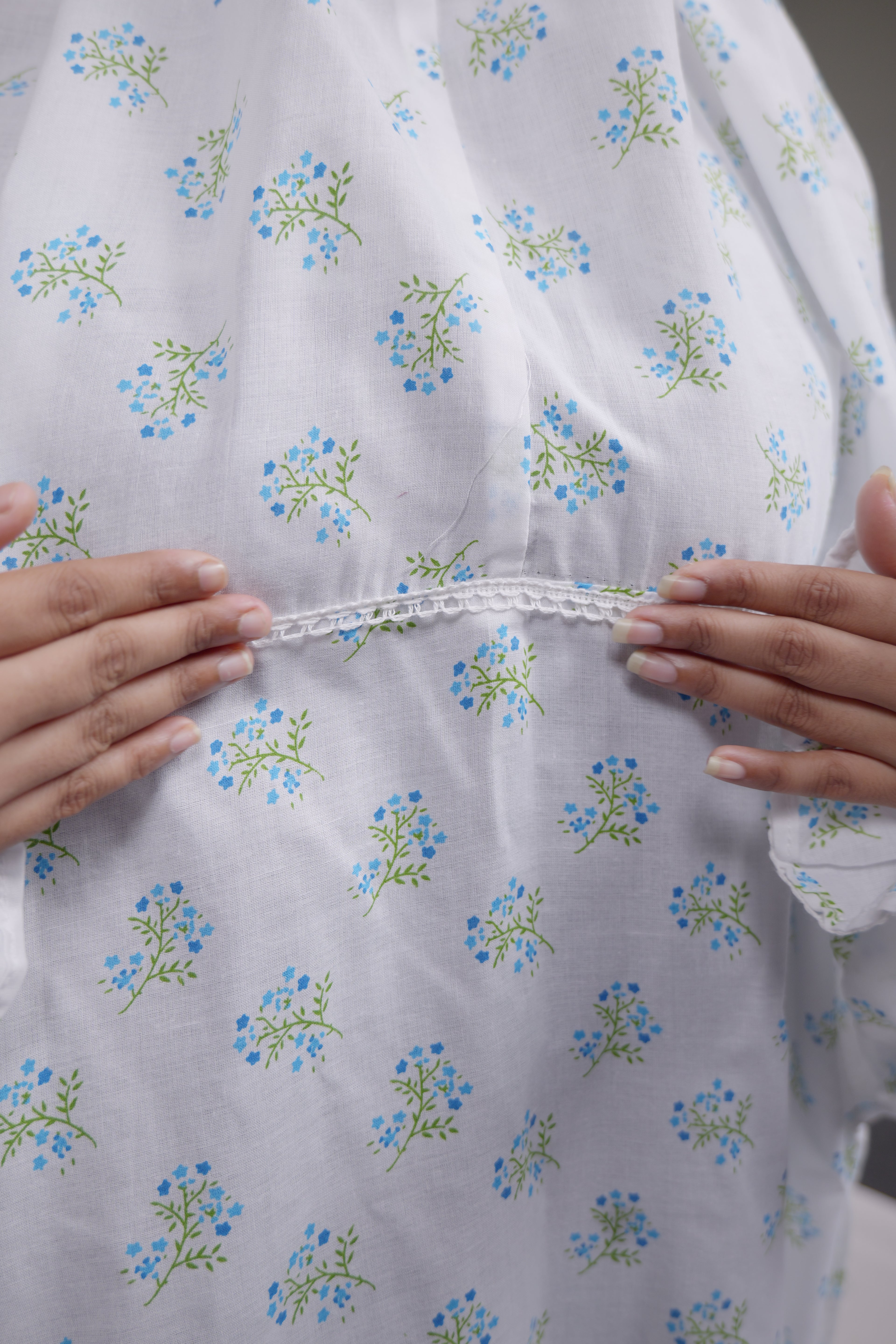 Ainaura | Premium Cotton White with Green Floral Prayer Dress