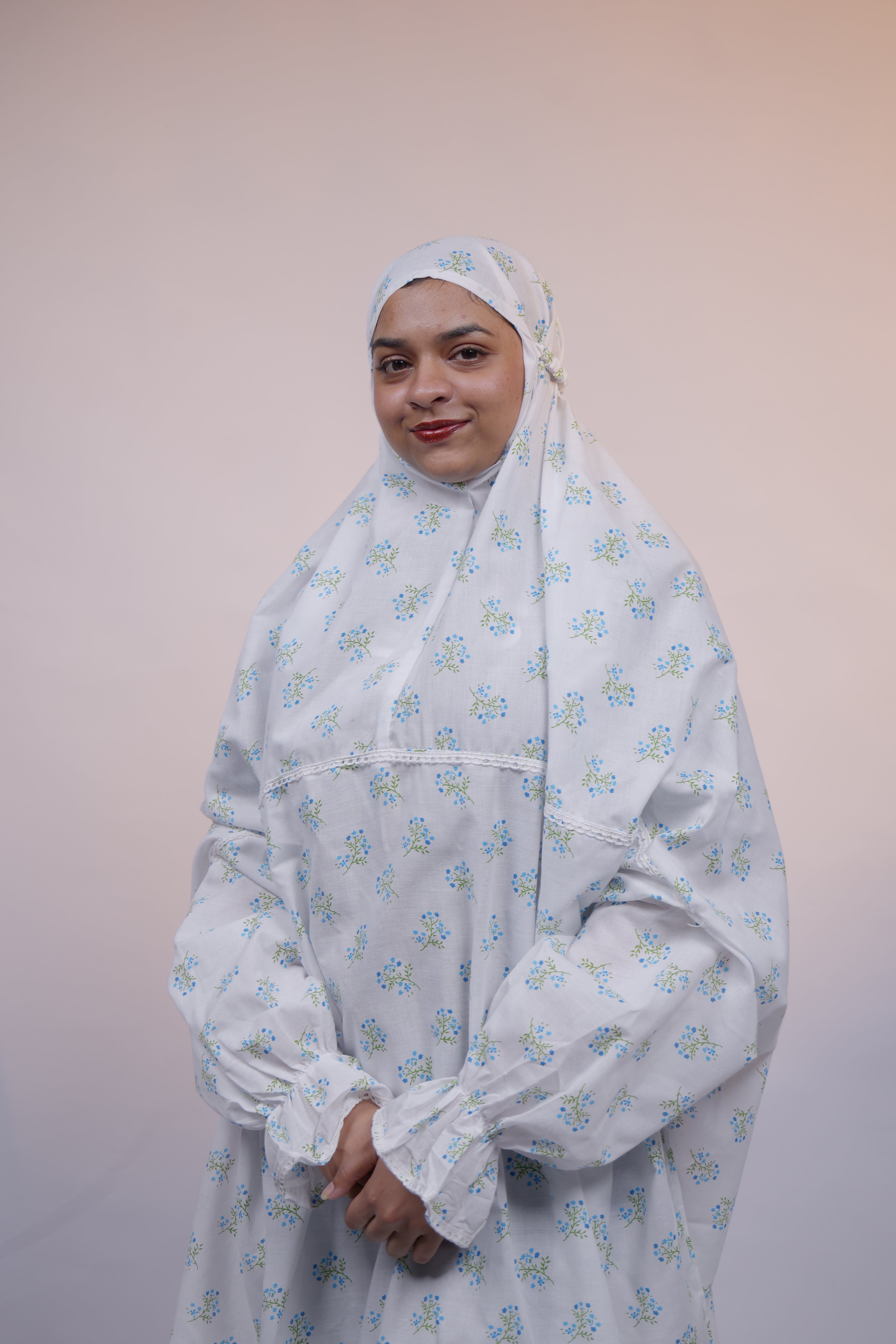 Ainaura | Premium Cotton White with Green Floral Prayer Dress