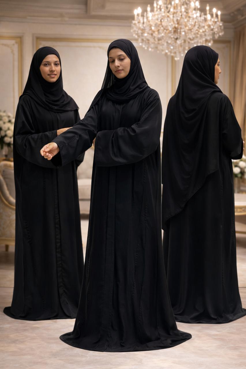 Elegant black abaya with handcrafted bead detailing on sleeves and body panels