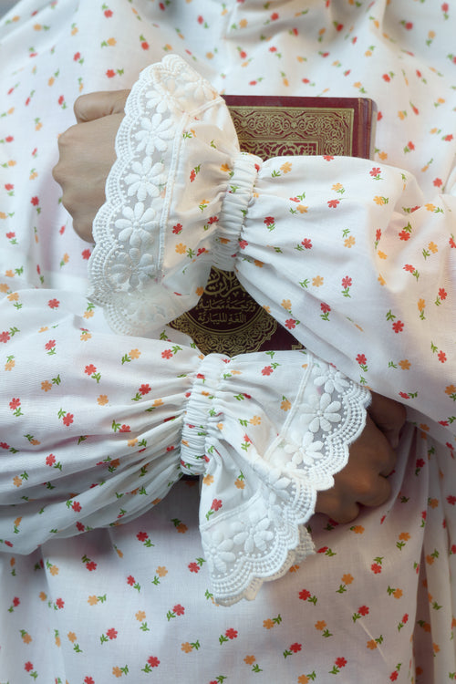 Ainaura |  Premium Cotton White with Pink & Peach Floral Prayer dress