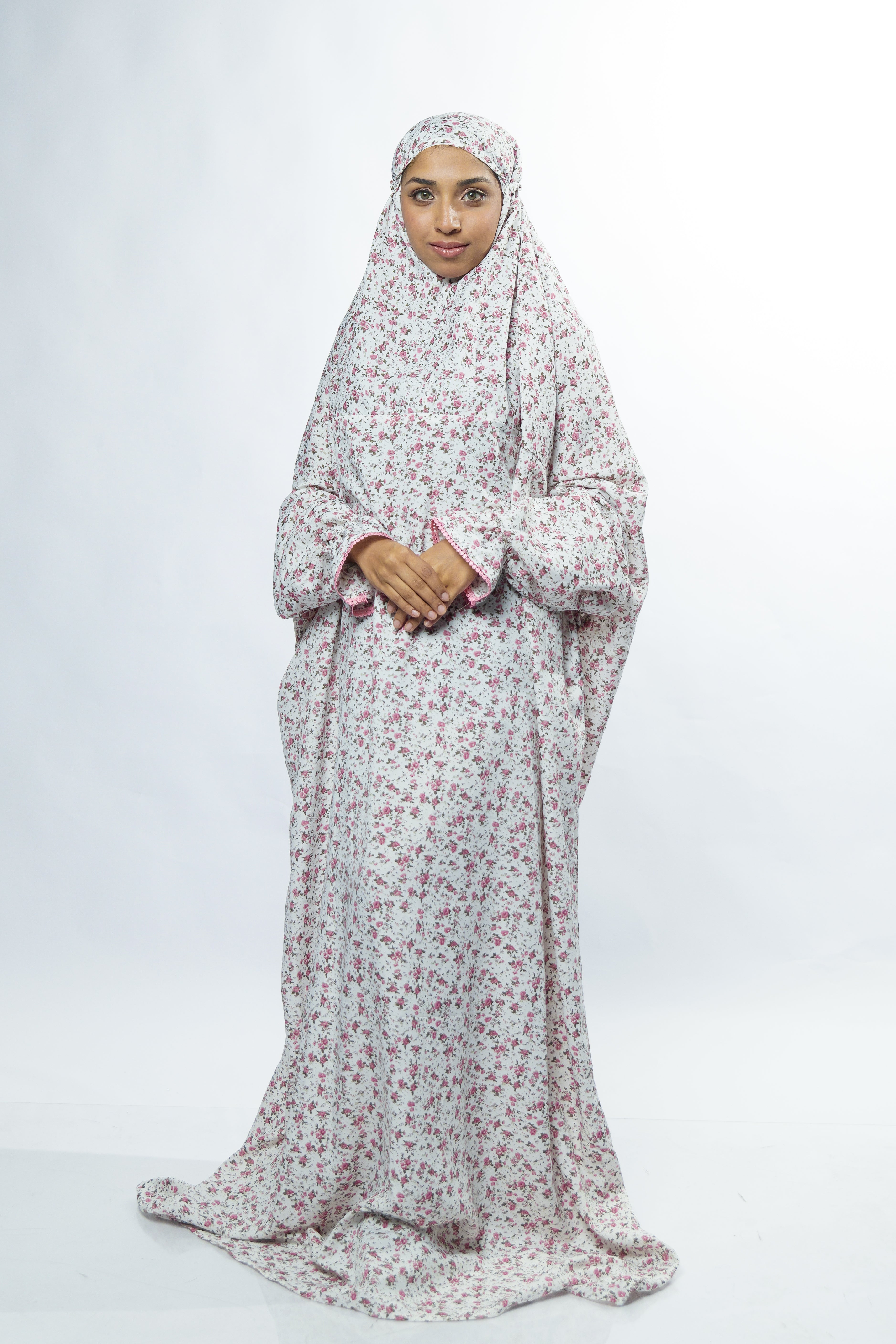 Ainaura | Premium Crepe Pink Floral  Prayer Dress