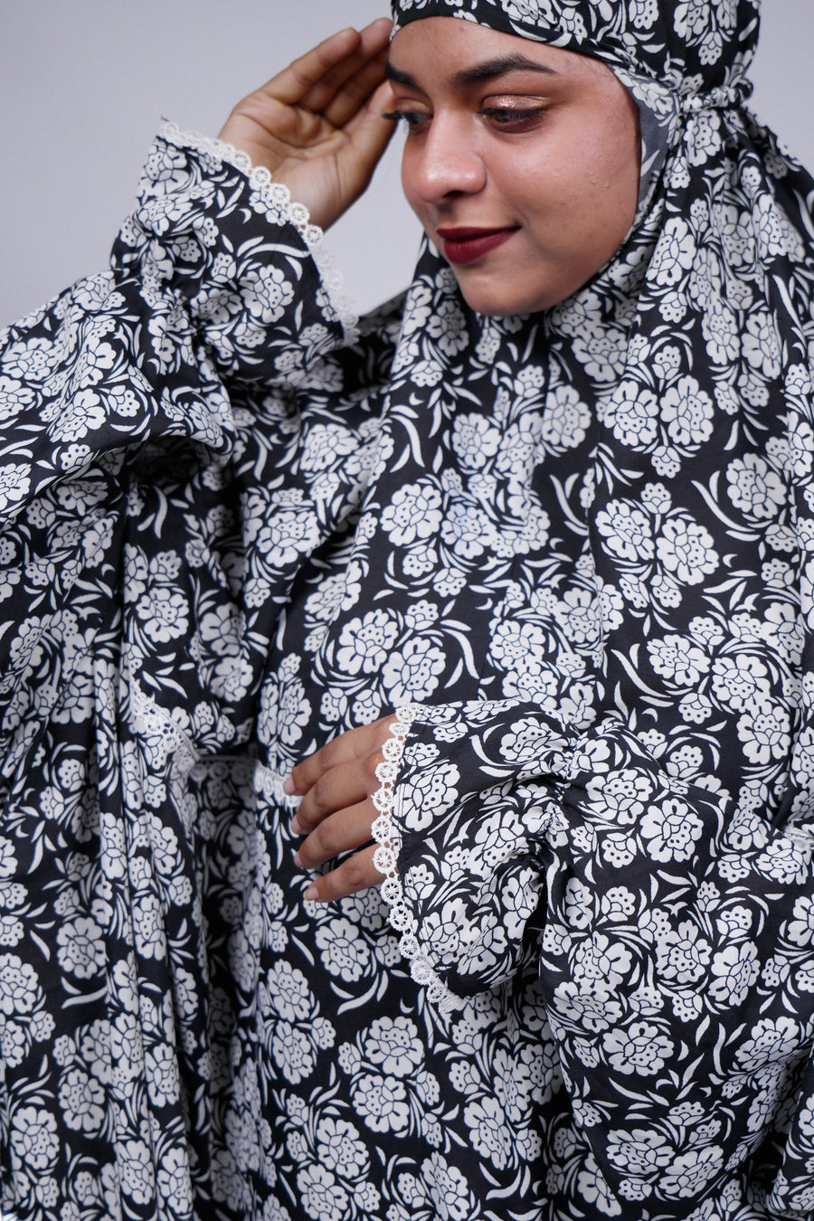 Ainaura | Premium Crepe White with Black Floral Prayer Dress